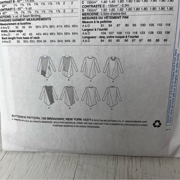 Butterick Sewing Pattern Long sleeve Asymmetrical hemline Tunic size 14-22 - Picture 5 of 6